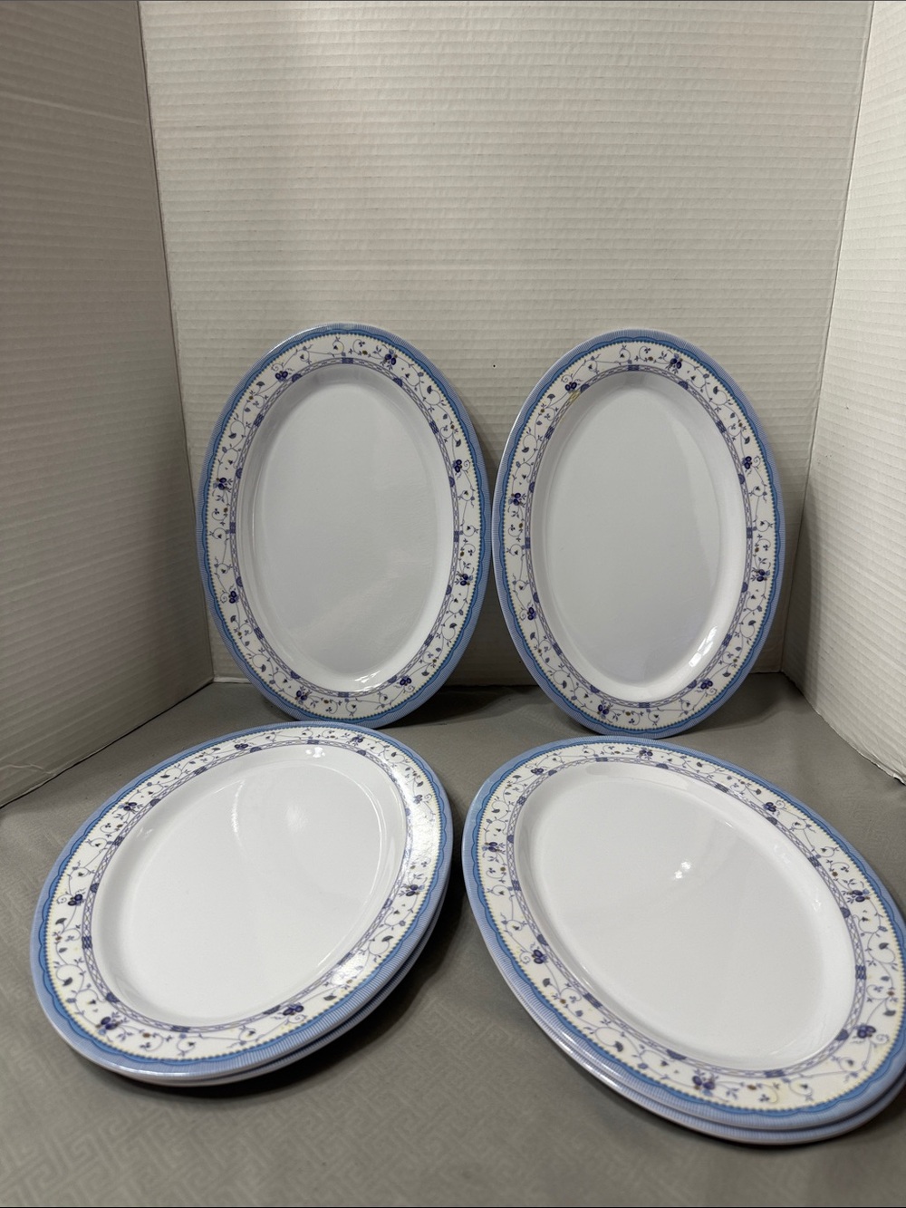 Vintage Melamine 12” Oval Serving Platters Blue White Floral Rim Set of 6